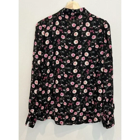 Elie Tahari Womens Floral Top Blouse Size Medium Button Long Sleeves Black Pink - Picture 3 of 10